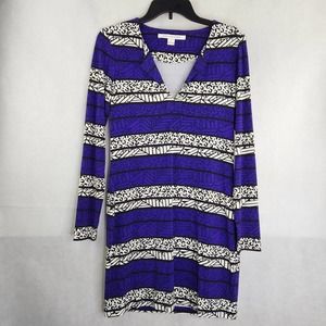 Diane Von Furstenberg Purple & Black Print Viscose Jersey Shift Dress Size 2